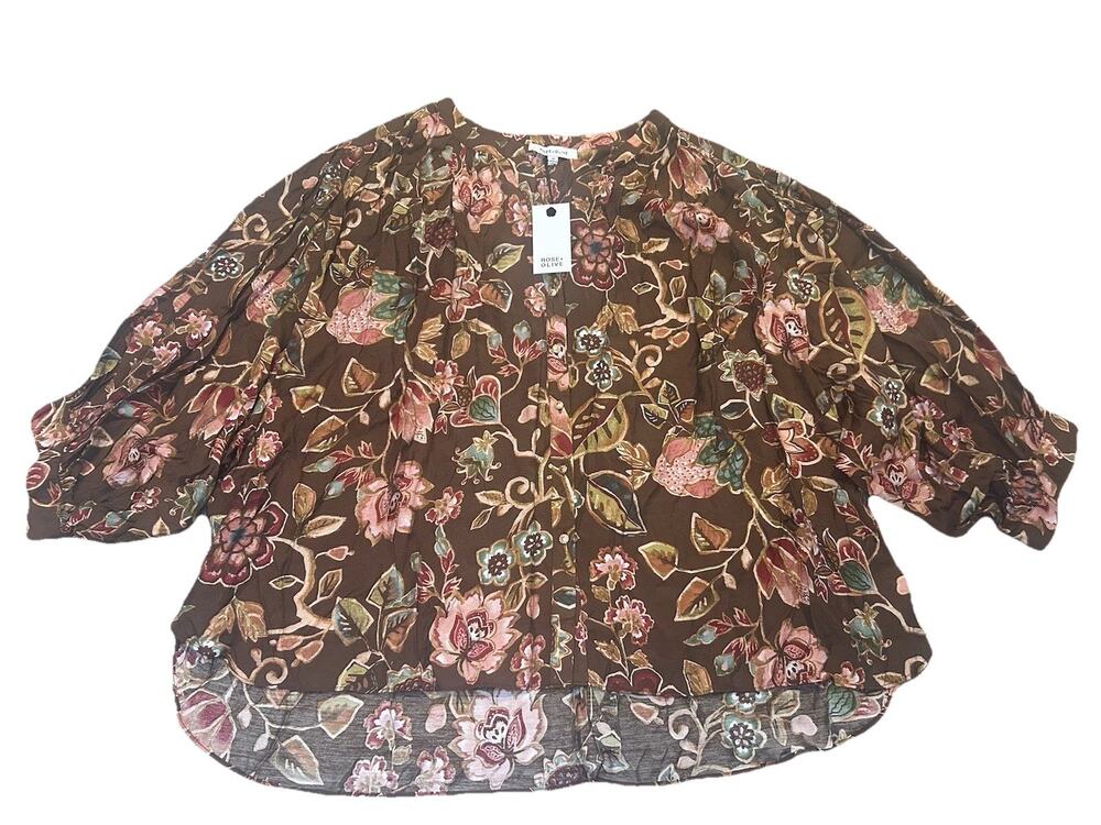 ROSE+OLIVE Tunic Button Top Blouse Floral Brown Women Plus Size 3X Cottage Boho